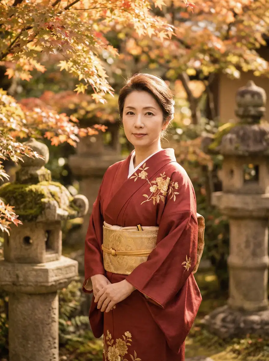 一位身穿暗红色和服的优雅 财神体育网站 在日式庭院中