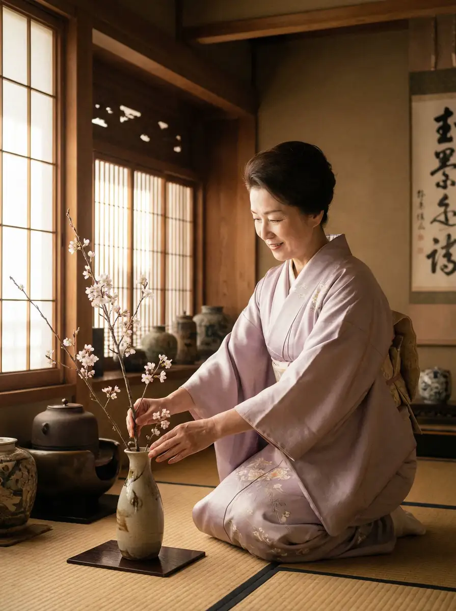 一位优雅的 财神体育网站 在和室中插花