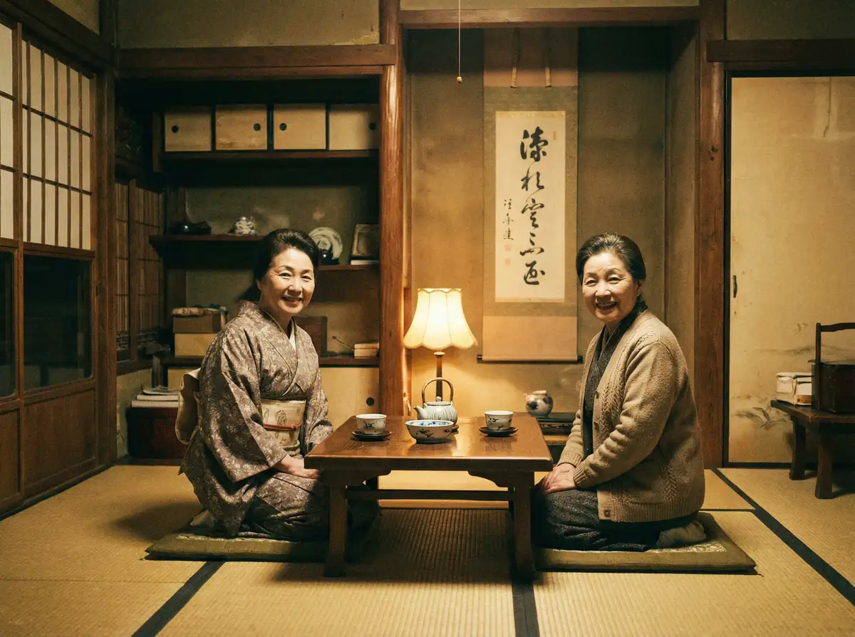 两位优雅的 财神体育网站 在日式茶室中品茶交谈